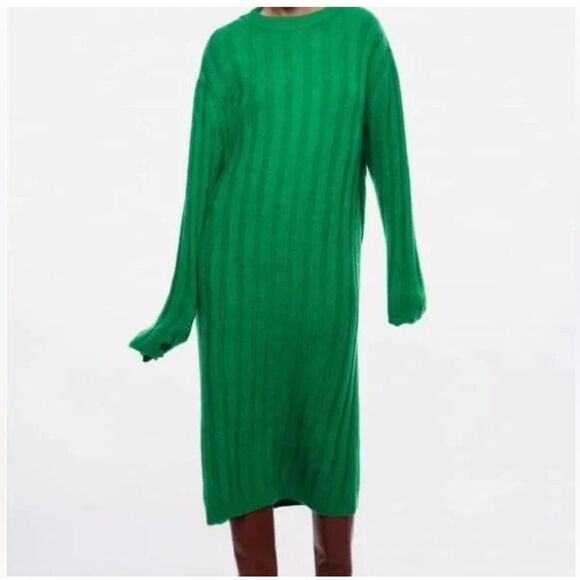 ZARA EMERALD GREEN RIBBED MIDI SWEATER DRESS SMALL - Picture 1 of 8